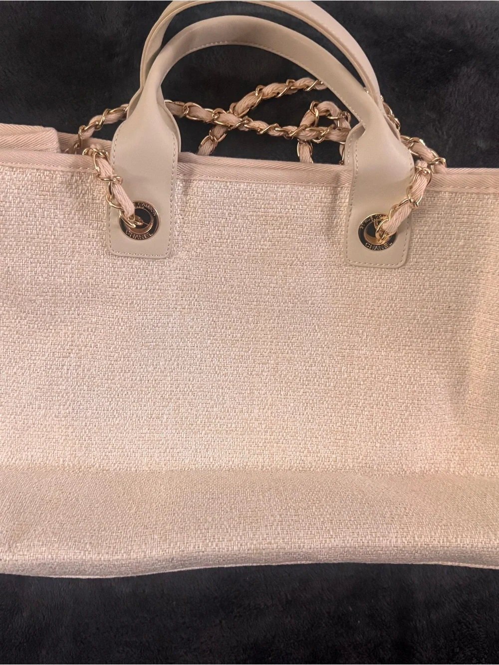 CHANEL Ivory and Gold Logo Canvas Shopper Tote